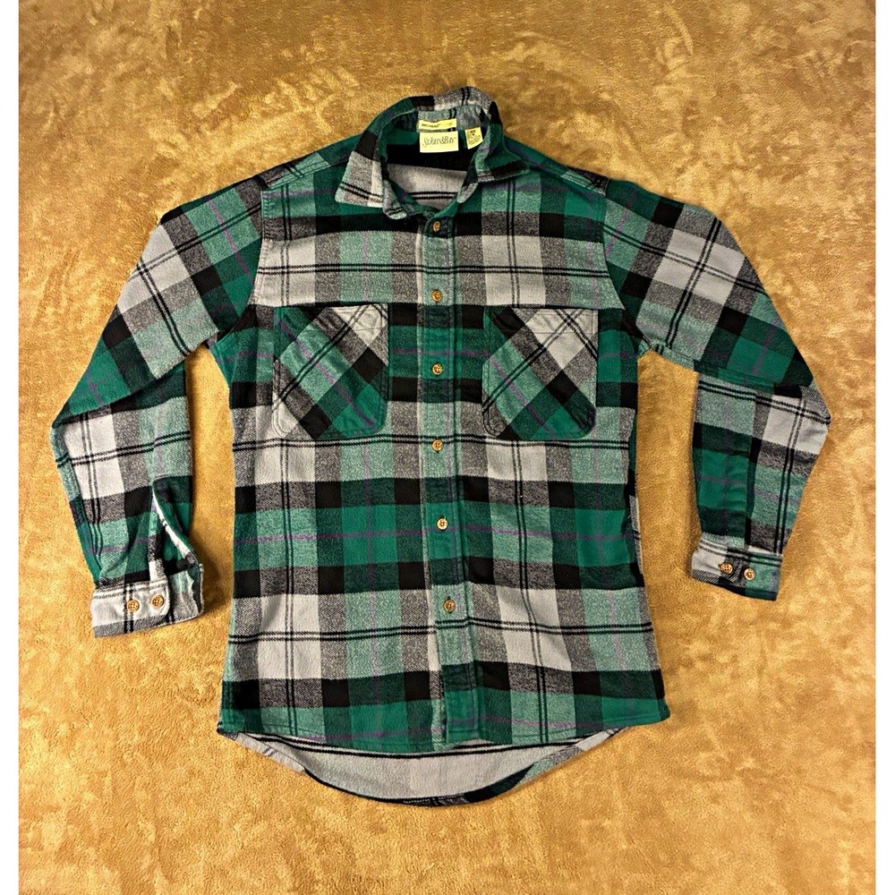 VTG 80s St. John's Bay Mens Shirt Big Mac Plaid Flannel Button-Up Green Gray Med